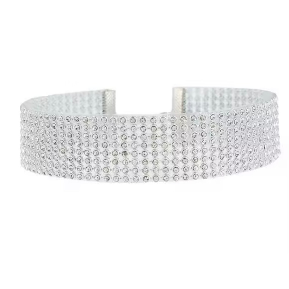 Silver Tone Rhinestone Choker Necklace Wide Crystal Mesh Sparkle Band NWT